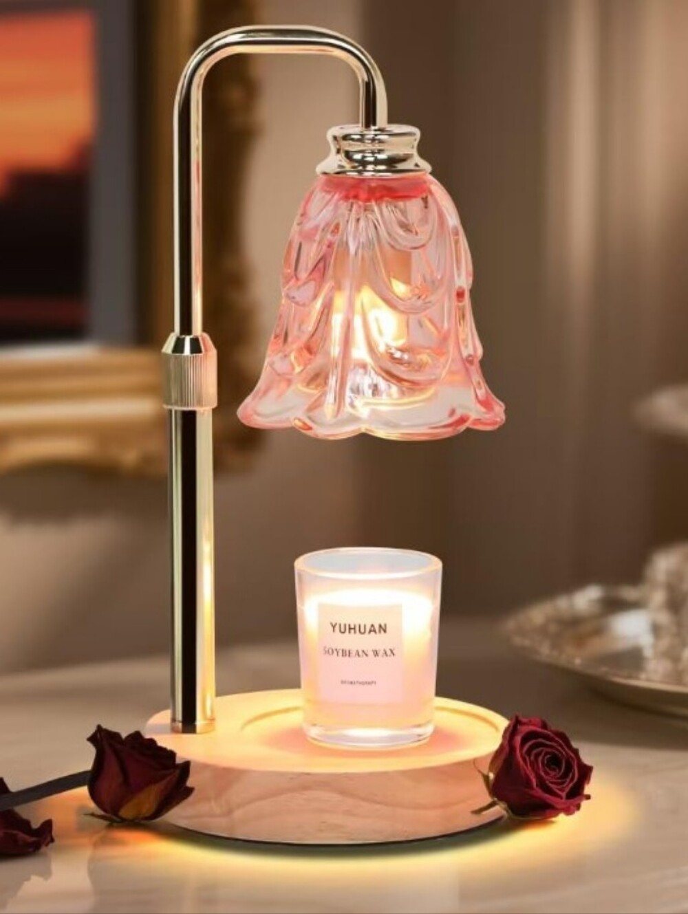 Pink Glass Bell Shade Candle Warmer Lamp